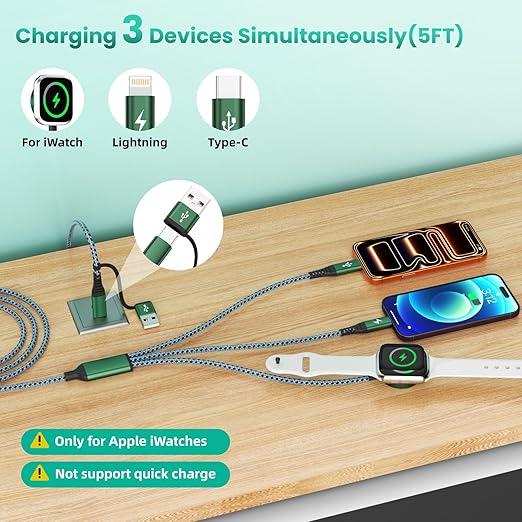 2026 Travel Essentials for Apple Watch Charger, Cruise Vacation Camping Essentials, 3 in 2 Charging Cable for Multiple Devices, iWatch Charger/Type-C/L Cord for iWatch 11-2/iPhone 17-11/Car, 5FT