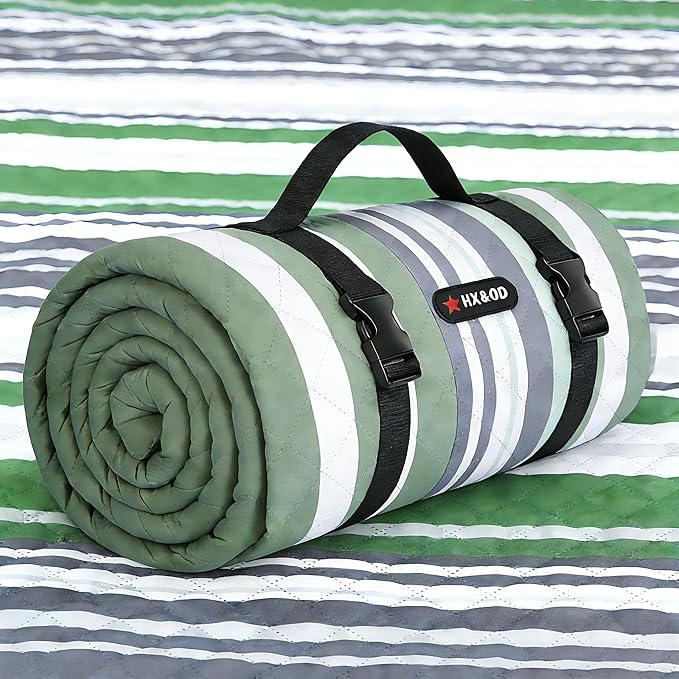 HX&OD Large Picnic Blanket Outdoor 80”x60” Waterproof Picnic Mat Foldable 3-Layer Camping Blanket Portable with Carry Strap Park Blanket for Grass(Green)