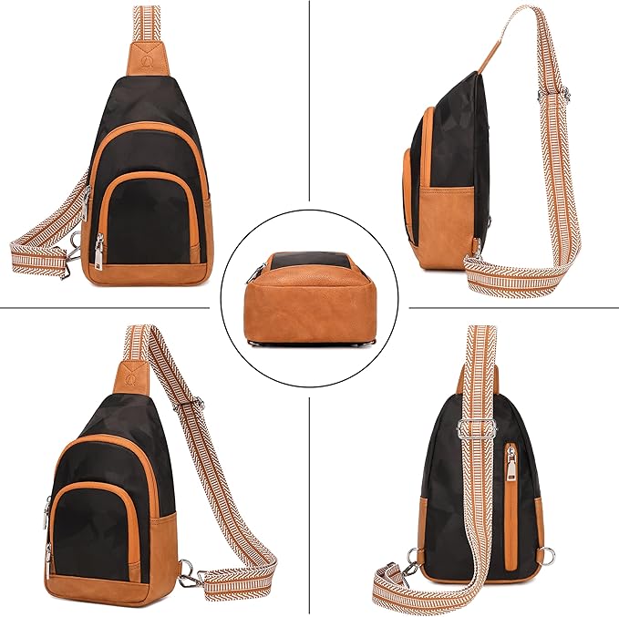 AO ALI VICTORY Fanny Packs for Women Small Crossbody Bags Sling Purses Anti Theft Cross Body Shoulder Bag for Travel Work Waterproof Nylon Chest Bag with Leather Gifts for Mom（Brown- Geometric Black）