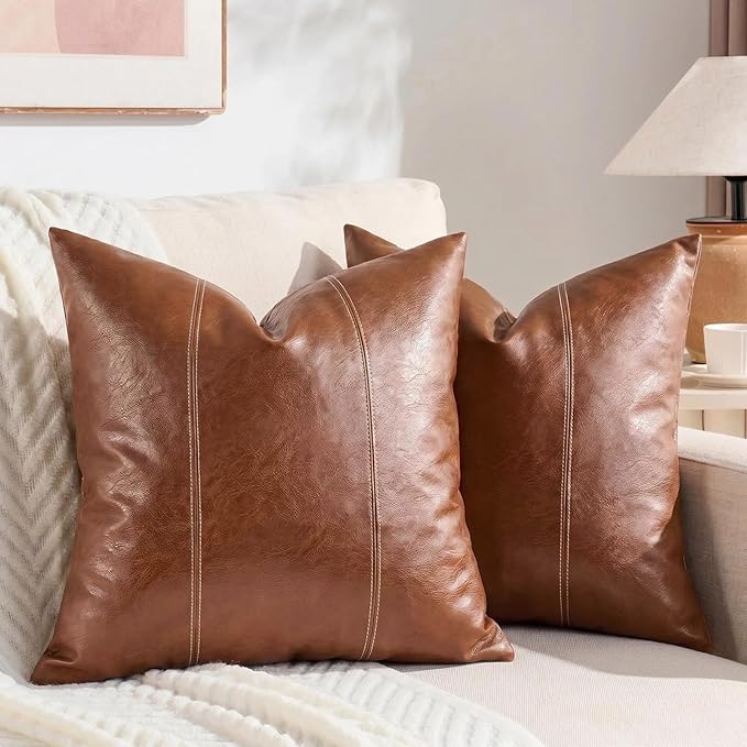 Fancy Homi Brown Boho Long Square Faux Leather Decorative Throw Pillow Covers 24x24 Inch for Living Room Couch Bed Sofa, Hand Stitched Cushion Case, Rustic Modern Farmhouse Home Decor