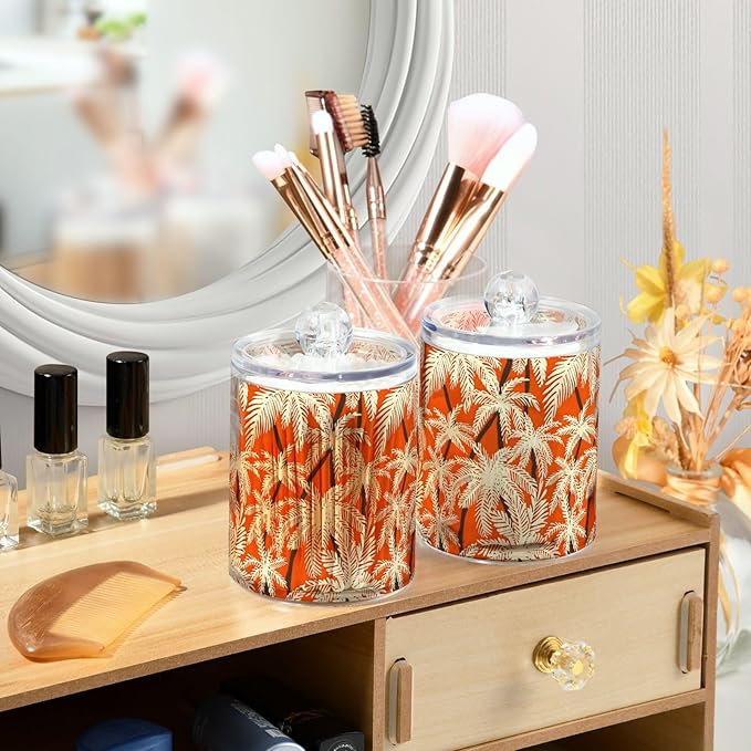 2 Pack Qtip Holder Organizer Dispenser Palm Trees Orange Color Bathroom Storage Canister Cotton Ball Holder Container for Cotton Pads/Swabs/Floss