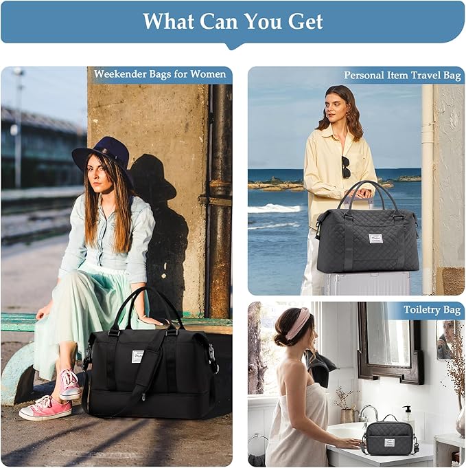 Weekender Bags for Women,Extra Larg Travel Duffle Overnight Bag with Shoe Compartment,Personal Item Carry On Bag,Black,3 Pcs Set