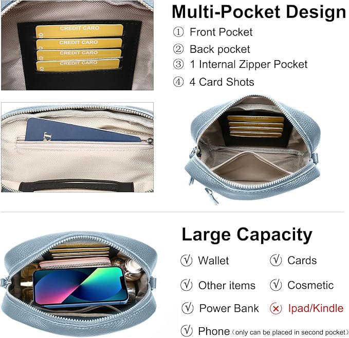 Small Crossbody Bags for Women Genuine Leather, Guitar Strap Shoulder Handbag Purse Camera Bag with Rfid Card Slots, blue