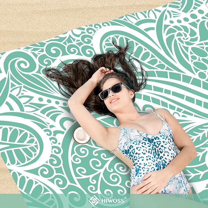 Beach Blanket Waterproof Sandproof Oversized 95”x 80”,Sand Free Beach Mat with Corner Pockets,Portable Mesh Bag for Beach Festival,Picnic,Travel and Outdoor Camping (Greenleaf)