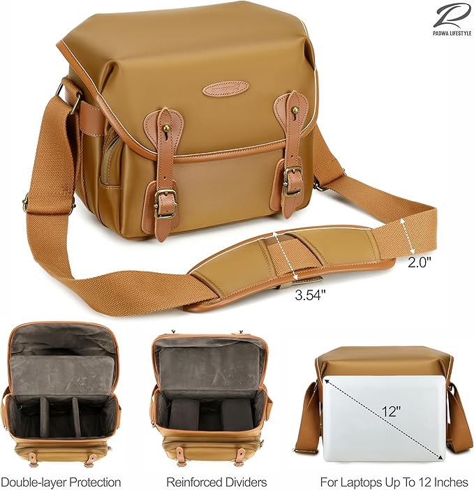 Padwa Lifestyle Khaki Sling Camera Bag - Waterproof Nylon Crossbody Photography Bags with Thick Shell,Fleece Compartments & Wide Padded Strap,Safety Protection for Photographers Camera,Lens & Drone