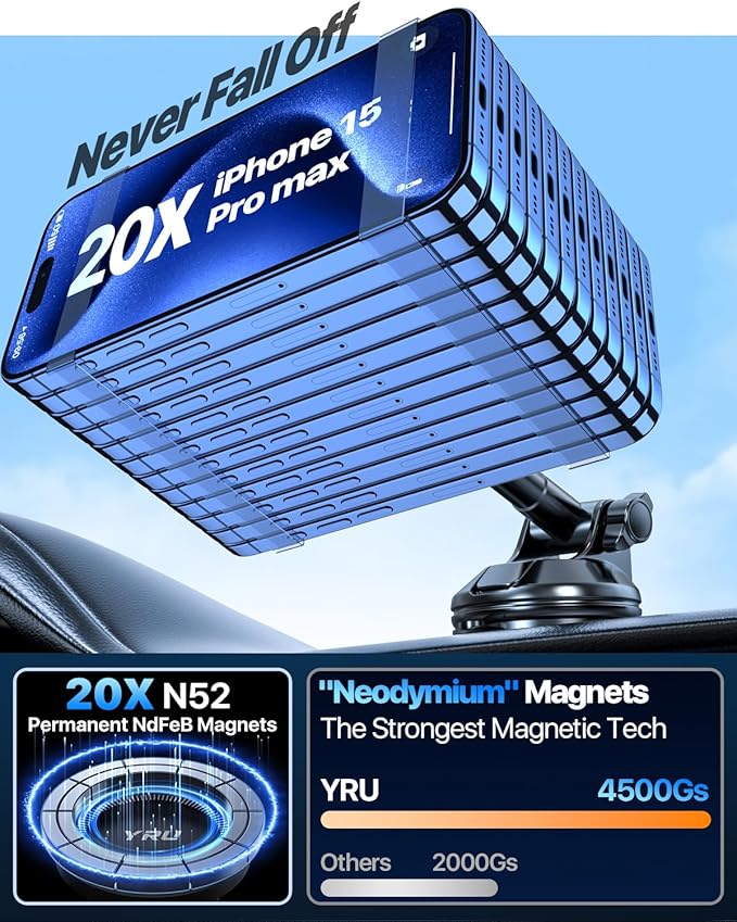 YRU Upgraded Magnetic Phone Holder Car【Patented & Super Magnet】 for MagSafe Mount Dashboard Windshield Vent Magnet Phone Cradle Stand for iPhone 17 16 15 14 13 12 Pro Max Samsung Truck, Navy Blue