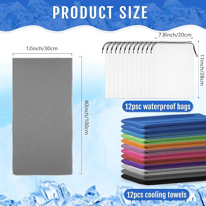 Hosuly 12 Pcs Cooling Towels for Face and Neck 12 x 40 Inch Workout Towels for Gym Fast Drying Hot Weather Sweat Rag Cold Cooling Cloth with 12 Bags Athletes Sport Yoga Golf(Mixing Colors)