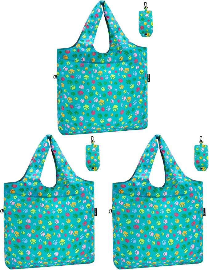 HOLYLUCK Reusable Grocery Bags,Heavy Duty Foldable Shopping Tote Bag (Standard, 3 Green Dog Paw Prints)