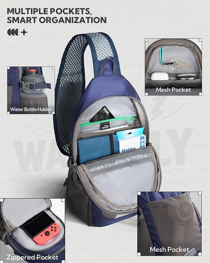 WATERFLY Packable Crossbody Sling Bag: Small Lightweight Travel RFID Blocking Sling Daypack with Water Bottle Holder - Shoulder Chest Bag Backpack for Women Men Hiking Traveling Theme Parks