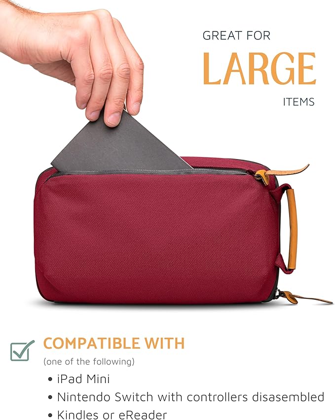 Tech Bag Organizer - Small Electronics Organizer Pouch for Travel - Premium Travel Case with Leather Accents - Mesh Pocket for Cables, Cords and Chargers (Red)