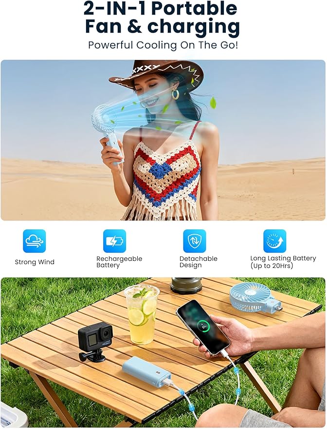 HandFan 5200mAh Handheld Fan Rechargeable, 20H Runtime Hand Fan, 3 Speeds Strong Airflow, Personal 180° Foldable Portable Fans for Travel/Summer/Concerts/Lash/Commute, Gifts for Women (Blue)