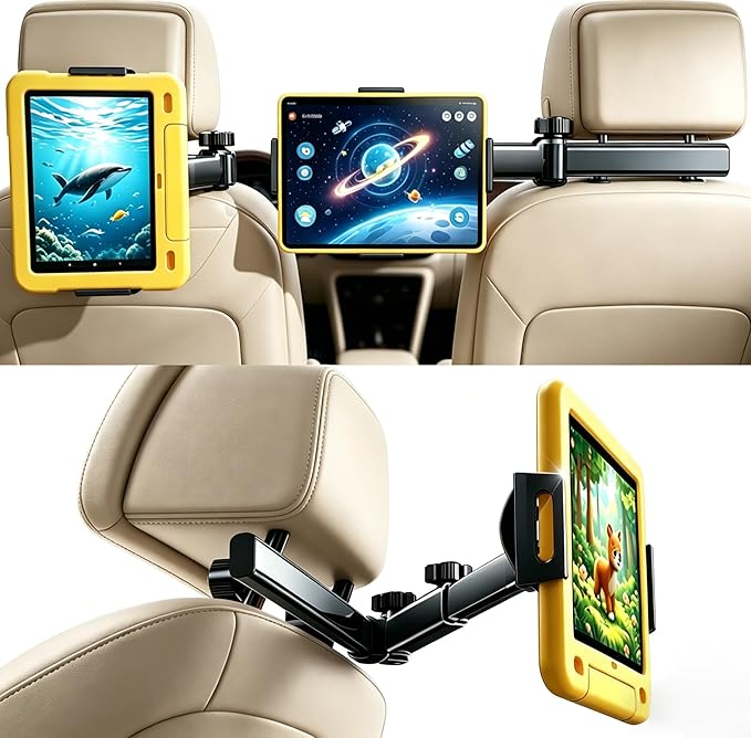 Tablet Holder for Car, 3 in 1 Extension Arm Adjustable Car Headrest Tablet Holder Road Trip Essentials Back Seat Tablets Cars Mount Compatible with iPad Pro, Air, Mini, 4.7-11" Devices