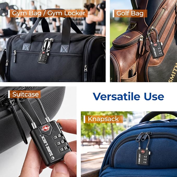 SURE LOCK TSA Compatible Travel Luggage Locks, Inspection Indicator, Easy Read Dials TSA Approved with Zinc Alloy (1, Black 8 Pack)
