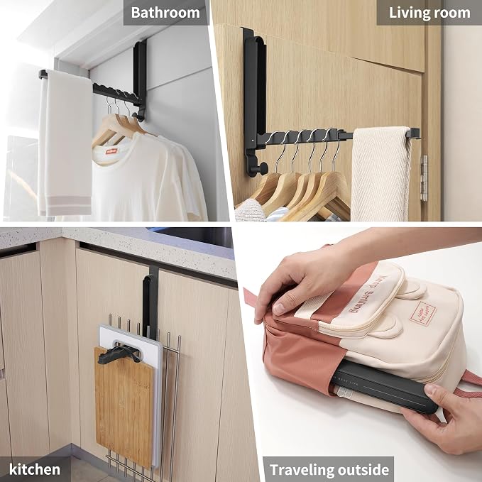 RFOUO Clothes Drying Rack Foldable Fit Door up to 1 3/8" Optimal 2pc,Over The Door Hanger with Retractable Rod,Over The Door Hanger Hooks for Laundry Bathroom Bedroom Travel Hangers(Black, 2 Pack)