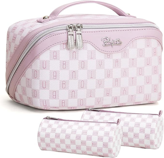 BOYATU Travel Makeup Bag Organizer Cosmetic Bag: 3 Pcs Set Make up Bags for Women with Handle - Waterproof Vegan Leather Toiletry Bags Travel Essentials Pouch with Compartments (H-05-Pink)