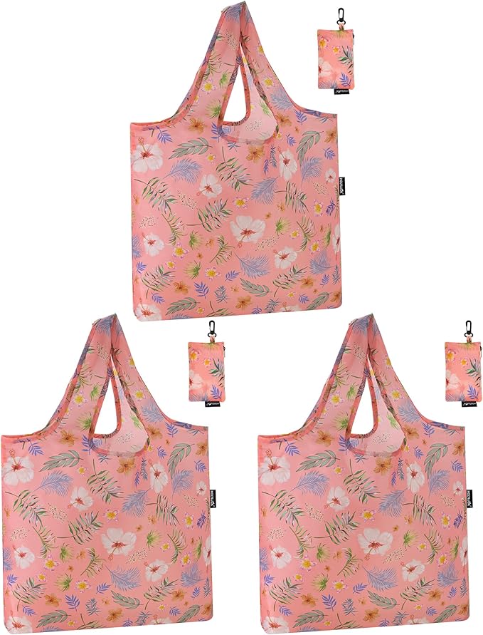 HOLYLUCK Reusable Grocery Bags,Heavy Duty Foldable Shopping Tote Bag (Standard, Pink floral)