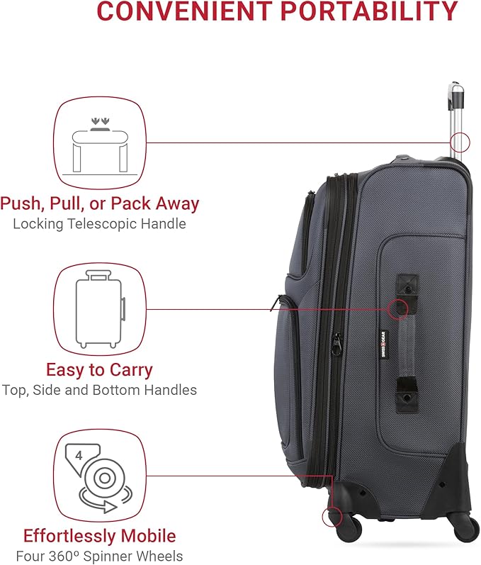 SWISSGEAR Sion Softside Expandable Spinner Luggage Durable Lightweight Travel Suitcase, Dark Grey, Checked-Medium