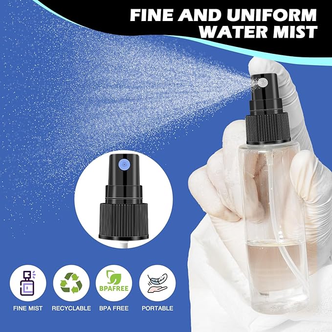 30 Pack 2oz/55ml Plastic Spray Bottles Mini Travel Spray Bottle with Black Cap Empty Fine Mist Spray Bottles Refillable Liquid Container for Perfumes Travel Makeup