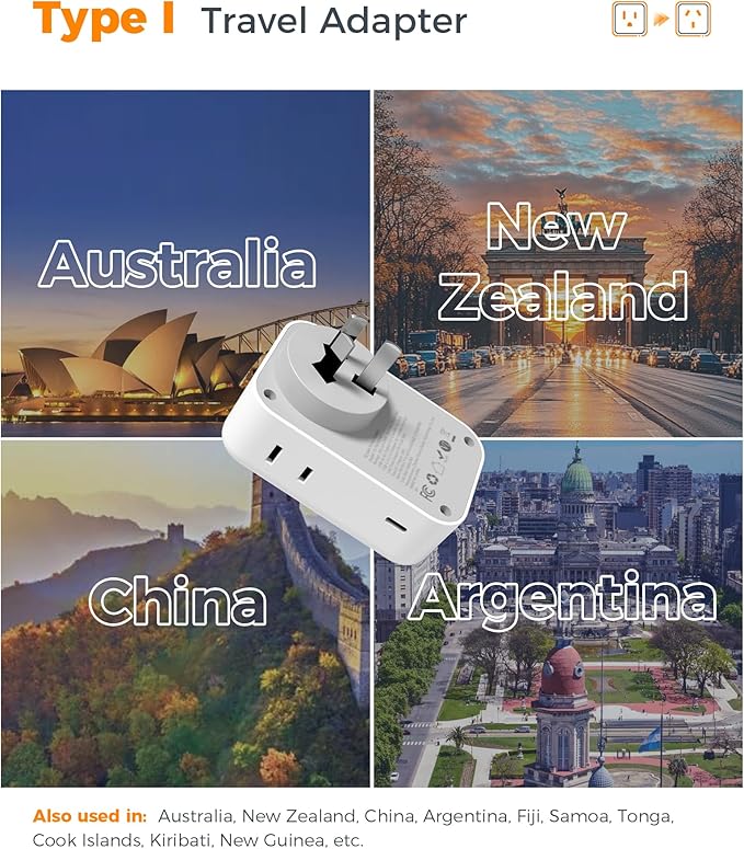TESSAN Australia Plug Adapter 2 Pack, 28W New Zealand Power Adapter with 4 Outlets 5 USB Ports (3 USB-C), Type I Travel Adaptor for US to Australian Argentina China Fiji Samoa Tonga Kiribati