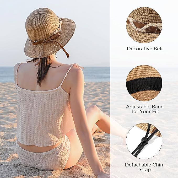 Beach Hat for Women, Wide Brim Sun Straw Hats for Women, Sun Hat Womens UPF 50+ UV Protection, Floppy Foldable Summer Hats