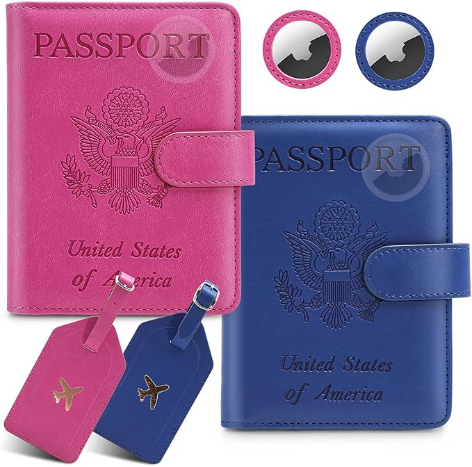 2 Pack Passport Holder for Travel with Slot for Tracker Device & Luggage Tag Cover, RFID Blocking Passport Holder for Women & Men | PU Leather Passport Cover Case with Pocket, Blue & Pink