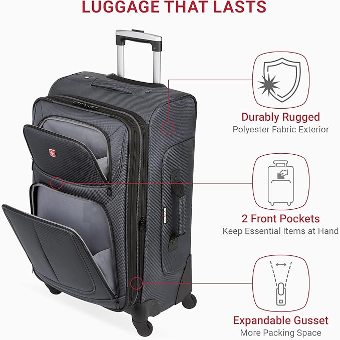 SWISSGEAR Sion Softside Expandable Spinner Luggage Durable Lightweight Travel Suitcase, Dark Grey, Checked-Medium