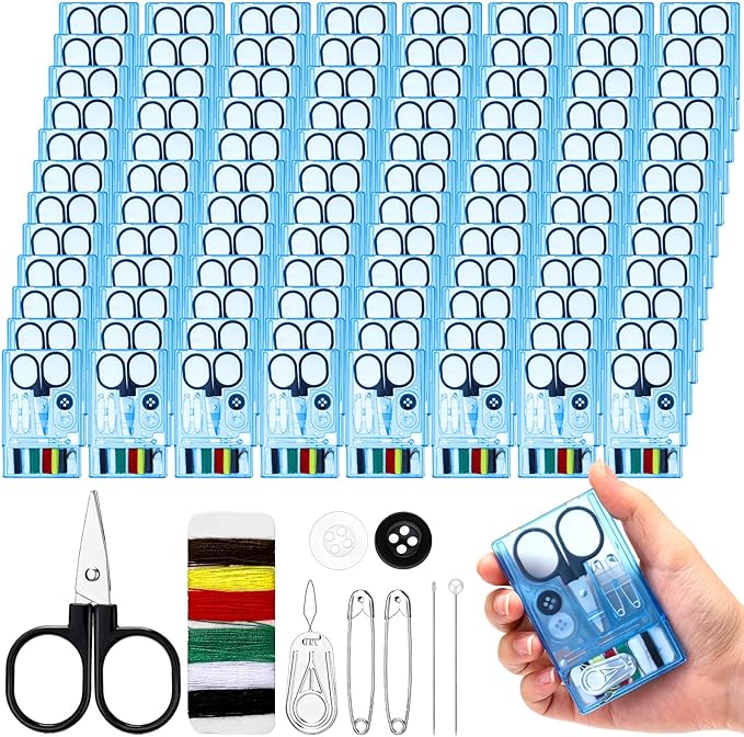 Knitgrip 100 Boxes Mini Travel Sewing Kit Quick Fix Sewing Kits Bulk Basic Portable Pre Threaded Needle Emergency Repair Tool for Adults DIY Handcraft Wedding Gifts Beginner Traveler Home Hotel (Blue)