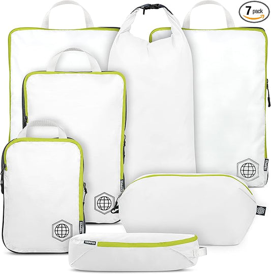 Large Compression Packing Cubes for Travel-Packing Cube Luggage Organizers 7 Piece Set for Checked Luggage-Ultralight, Expandable/Compression Bags by TRIPPED Travel Gear (White/Green)