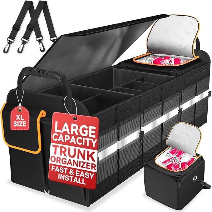 sevgili XL Heavy-Duty Trunk Organizer – Reinforced SUV & Truck Cargo Storage with 6 Adjustable Compartments, Trunk Organizer with Cooler, collapsible Large Trunk Organizer for Car with Cover