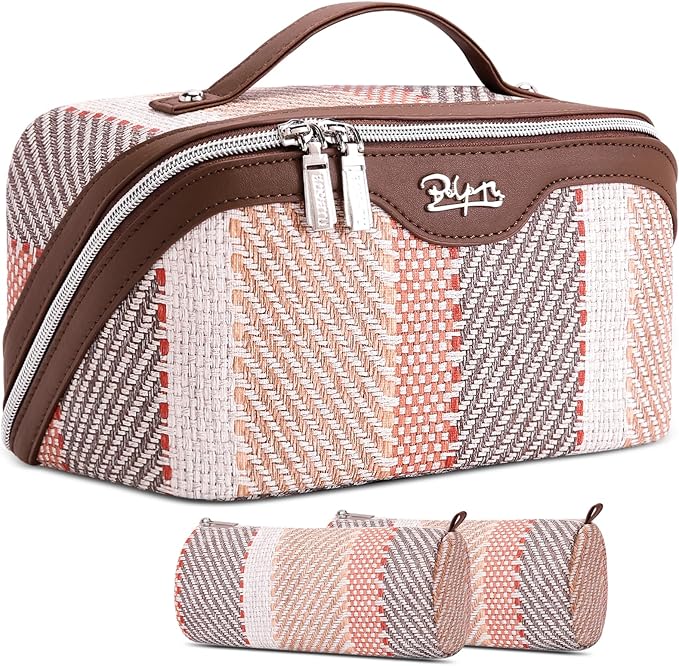 BOYATU Travel Makeup Bag Cosmetic Bag for Women: 3 Pcs Set Make up Bag with Compartments - Waterproof Vegan Leather Toiletry Bags with Handle - Makeup Organizer for Travel Essentials(C-5-Coffee)
