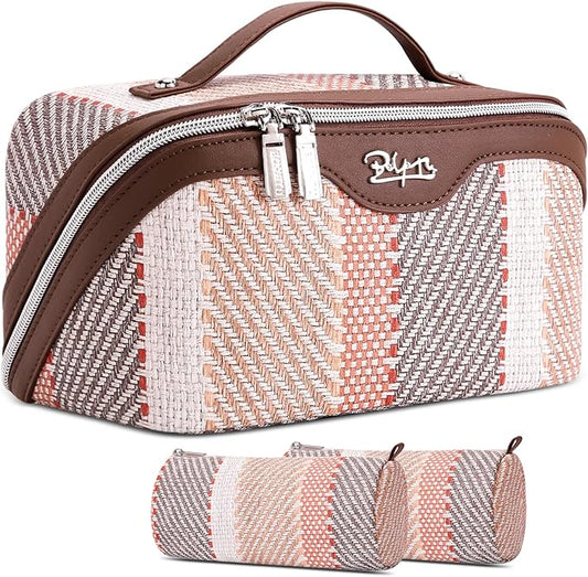 BOYATU Travel Makeup Bag Cosmetic Bag for Women: 3 Pcs Set Make up Bag with Compartments - Waterproof Vegan Leather Toiletry Bags with Handle - Makeup Organizer for Travel Essentials(C-5-Coffee)