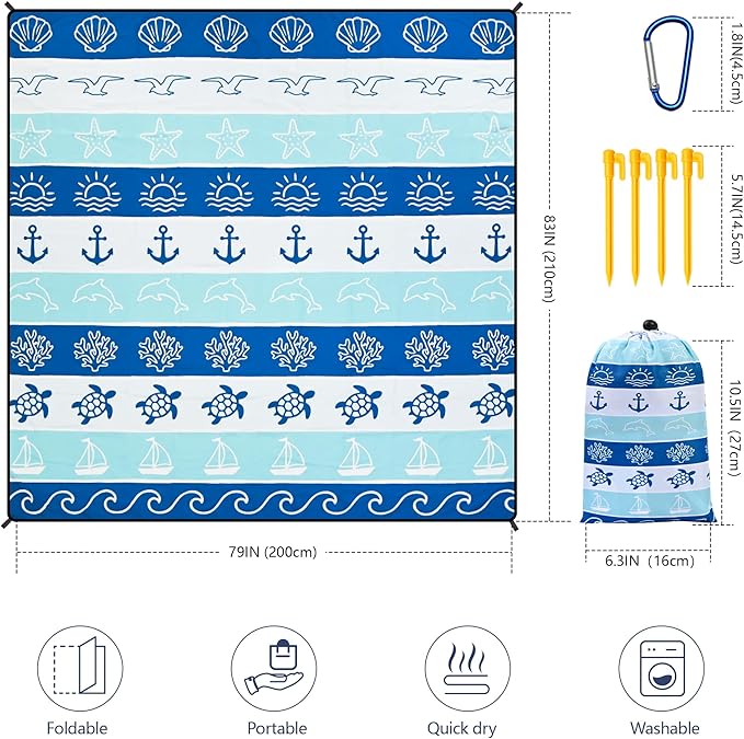 HIHOHO Beach Blanket Waterproof Sandproof Extra Large Beach Mat 79" X 83"/120"x108"for 1-8 Adults Quick Drying Durable Outdoor Picnic Mat for Beach Travel Camping Hiking
