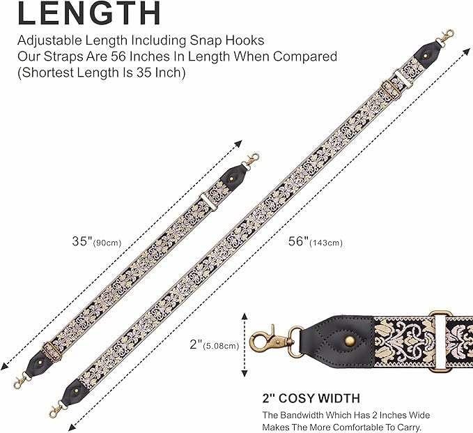 Nefelibata Purse Strap-2"Crazy Horse Leather Bag Strap Adjustable Replacement,Retro Jacquard Embroidery Crossbody Straps