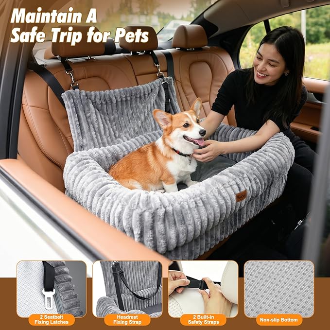 Pawaboo Dog Car Seat, Dog Booster Car Seats with Memory Foam, Thickened Cushion & Washable Removable Cover, Pet Travel Carseat Bed with Safety Leashes for Medium/Large Dogs or 2 Small Dogs, Gray