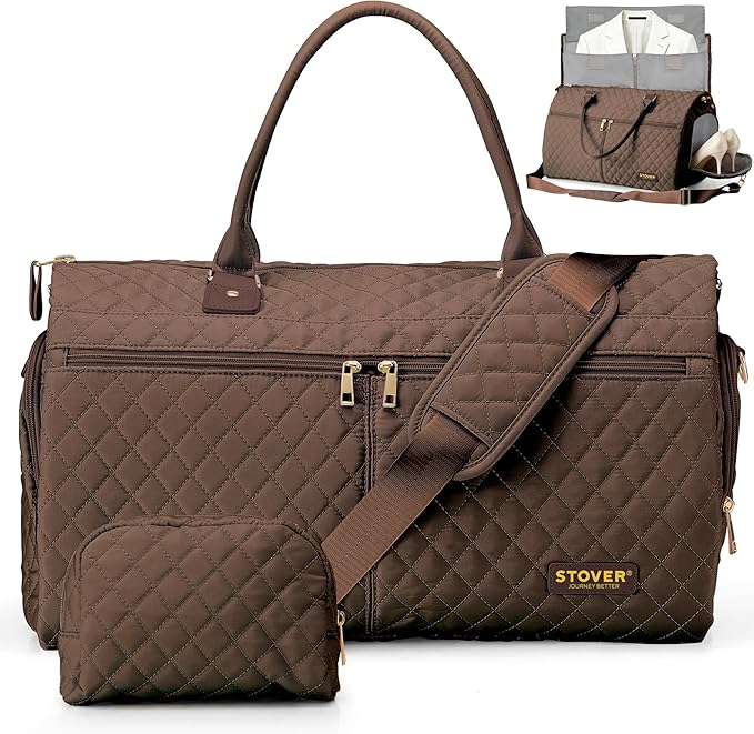 STOVER Women’s Convertible Garment Duffel Bag for Travel – 2-in-1 Carry-On Weekender/Overnight Tote - Wrinkle-Free Dresses, Suits & Clothes + Shoe Compartment & Bonus Toiletry Bag (Mocha Brown)