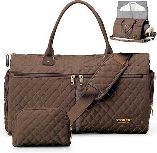 STOVER Women’s Convertible Garment Duffel Bag for Travel – 2-in-1 Carry-On Weekender/Overnight Tote - Wrinkle-Free Dresses, Suits & Clothes + Shoe Compartment & Bonus Toiletry Bag (Mocha Brown)