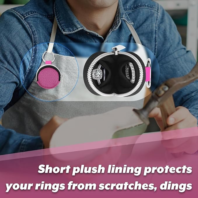 Portable Ring Organizer Case with Keychain, Traveling Ring Holder Storage Bag, Anti-Lost Keychain Container for Rings, Jewelry (2, Hot Pink)