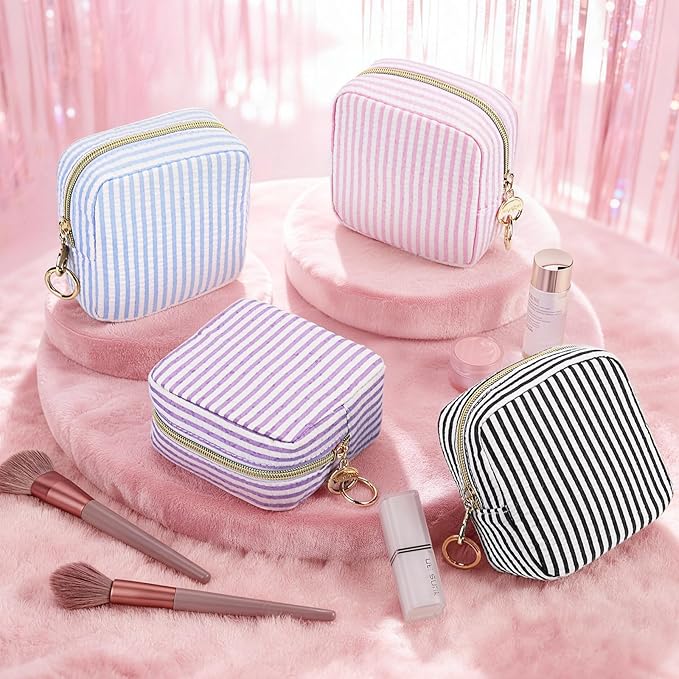 Stripes Period Bag, Small Period Pouches for Teen Girls, Quilted Sanitary Napkin Storage Bag, Compact Discreet Pad and Tampon Holder for Purse (Mini Stripes-Blue)