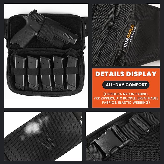 Tactical CCW Fanny Bag, Concealed Carry Fanny Pack w/Adjustable Waist Belt Tactical Waist Bag Handgun Pouch with Universal Pistol Holster, Everyday Hip Pack for Men Travel Outdoor (Black)