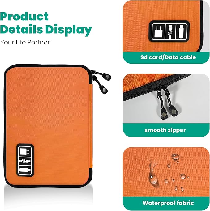 Cord Organizer Travel, Electronics Organizer Tech Pouch - Portable Cable Organizer Bag for Cords, Charger, Phone, SD Card, Power Bank for Travel & Daily Use -Orange Green