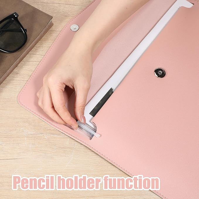 Leather Document Folder, A4 File Document Holder Waterproof Portfolio Envelope PU Leather Folder Case with Snap Button Closure for Letter Size, Travel, Resume, Pink
