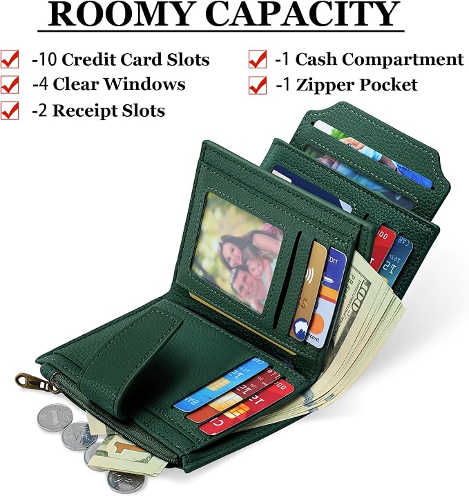 Airkit Small Wallet Women RFID Blocking Soft Leather Bifold Compact Card Holder Wallet for Women with Zipper Coin Pocket 4 ID Window
