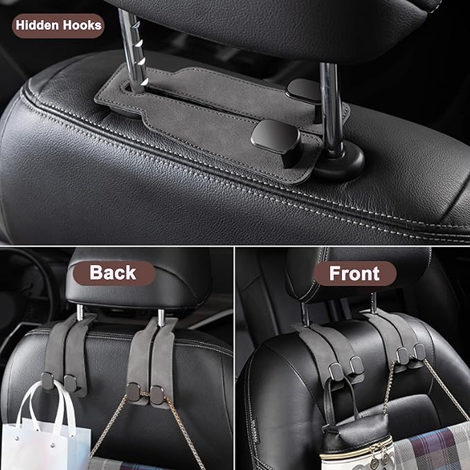 Amelity Universal Car Headrest Hooks, Women’s Car Interior Accessories for Purses Handbags Grocery & Backpacks, Brown 2 Pack