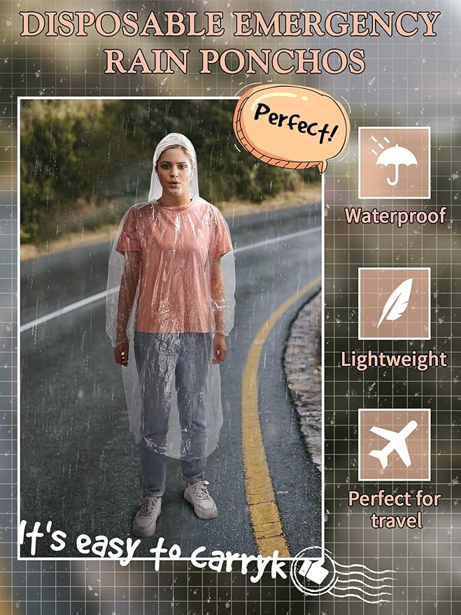 40 Pack Disposable Rain Ponchos for Adults Disposable Ponchos Pack with Drawstring Hood Elastic Sleeves Raincoat for Camping