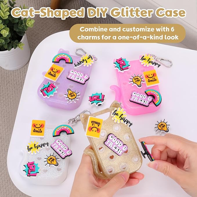 FunisFun Glitter Silicone Holder Case Compatible with Hand Sanitizer Spray 1 Fl. OZ., Cat-shaped Case Keychain with 6 Charms
