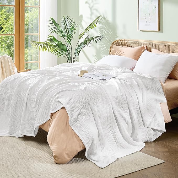 BEDELITE 100% Cotton Muslin Blankets for Adults - 4-Layer King Size Breathable and Lightweight Gauze Blanket for Couch, Bed, Travel and Summer, Soft & Cozy Gift for Women, White, 108"x90"