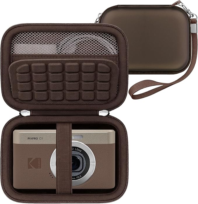 RAIALL Carrying Case for KODAK PIXPRO C1 Friendly Zoom Digital Camera, Point and Shoot Vlogging Camera Hard Travel Bag, Mesh Pocket for Charging Adapter, SD Card, USB Cable and Batteries, Brown