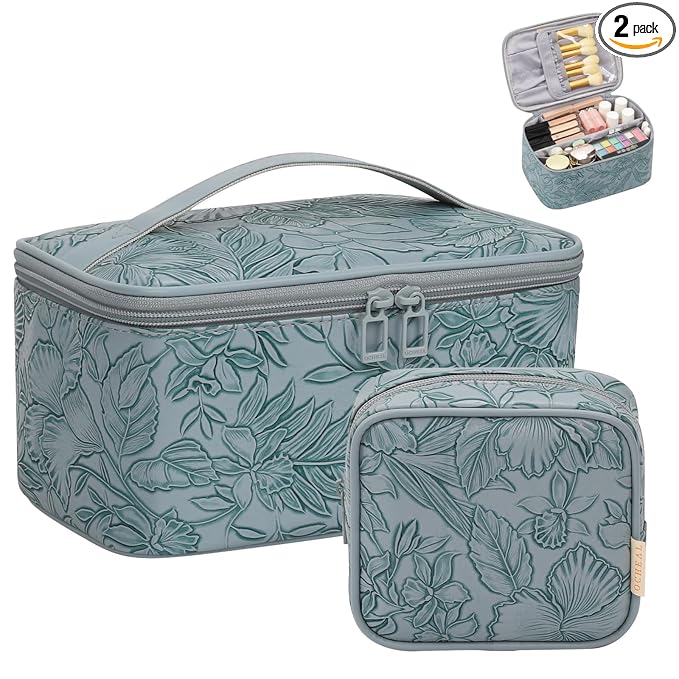 OCHEAL Makeup Bag Set, Portable Travel Makeup Bags Cosmetic Organizer Bag for Women Cute Floral Cosmetic Pouch Large Capacity Make up Bag PU Leather Toiletry Bags with Divider and Handle-Blue