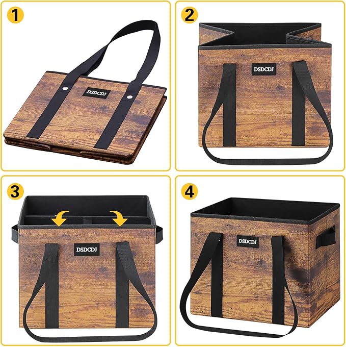 Reusable Grocery Bags - Heavy Duty Reusable Shopping Bags with Hard Bottom & Long Handles, Foldable Large Utility Tote Bag with Box Shape to Stand Up - for Kitchen, Picnic, 3 Pack, Rustic Brown