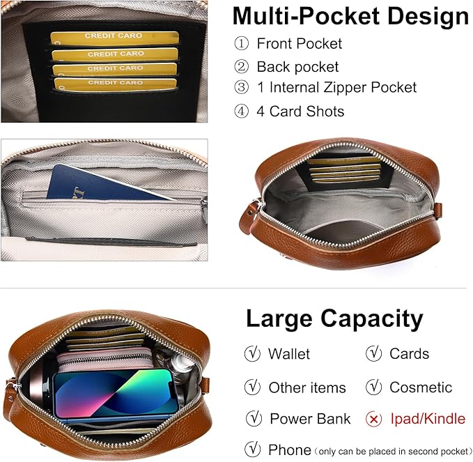 Small Crossbody Bags for Women Genuine Leather, Guitar Strap Shoulder Handbag Purse Camera Bag with Rfid Card Slots, brown